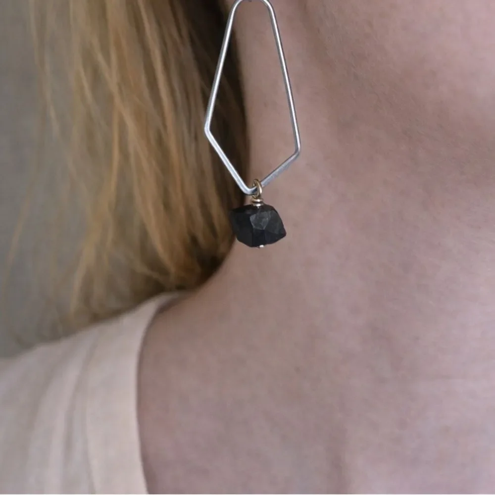 Geometric Obsidian Drop Earrings – Black Volcanic Stone Minimalist Dangles
